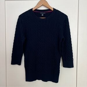 Tommy Hilfiger Sweater Womens Large Navy Blue Cable Knit 3/4 Sleeve Logo Cotton